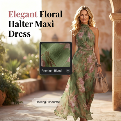 Elegant maxi-kjole med blomstermønster og halterneck
