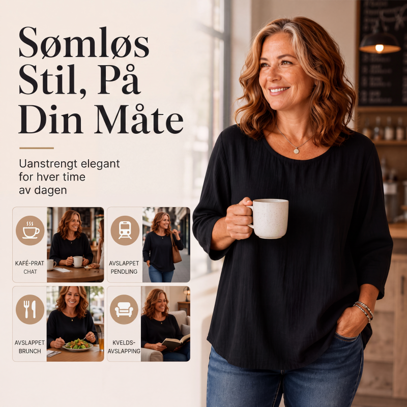 Dame uformell topp med rund hals og 3/4 ermer