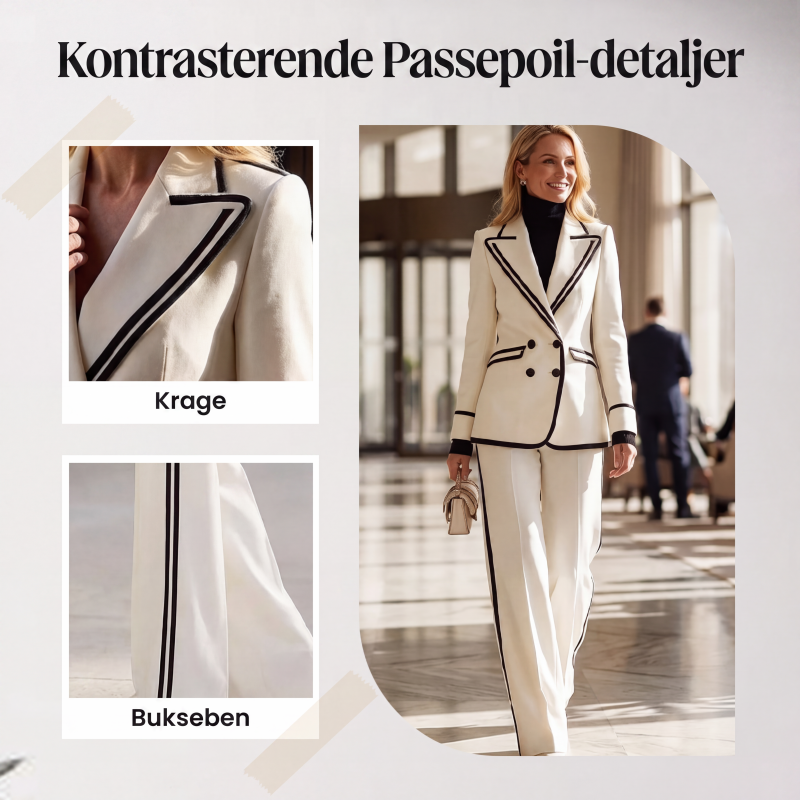Dameblazer og -buksesett med kontrastkant