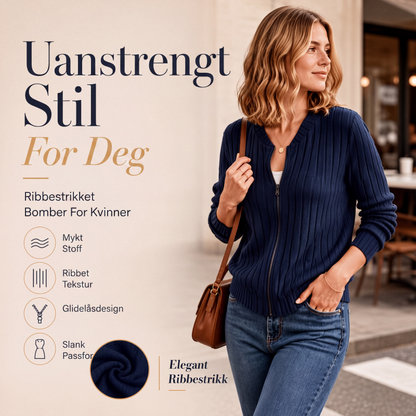 Ribbet strikket zip-up bomberjakke for kvinner