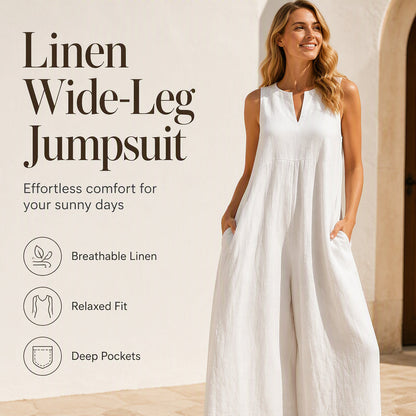 🌸Ermeløs jumpsuit med V-hals og vide ben for damer, med lommer