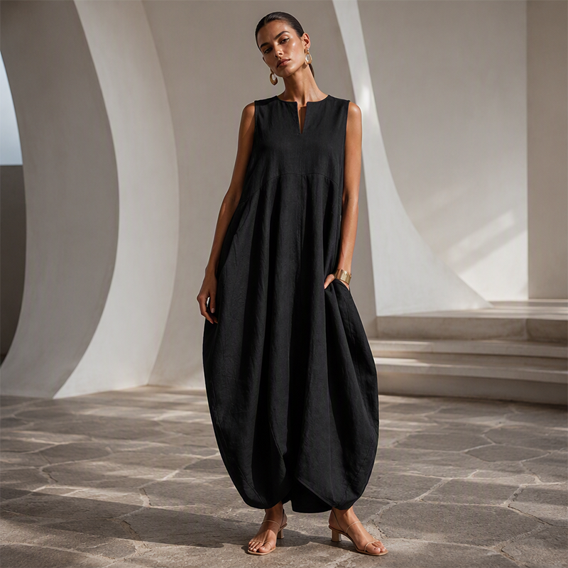 🌸Ermeløs jumpsuit med V-hals og vide ben for damer, med lommer