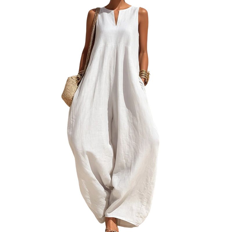 🌸Ermeløs jumpsuit med V-hals og vide ben for damer, med lommer