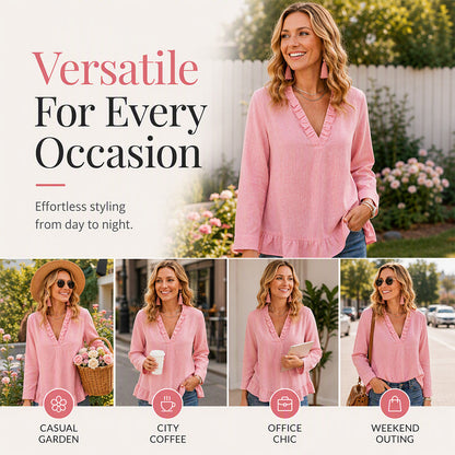 Damebluse med volanger og V-hals