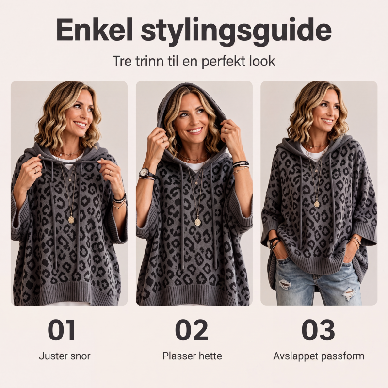 Strikket hettegenser for kvinner med leopardmønster