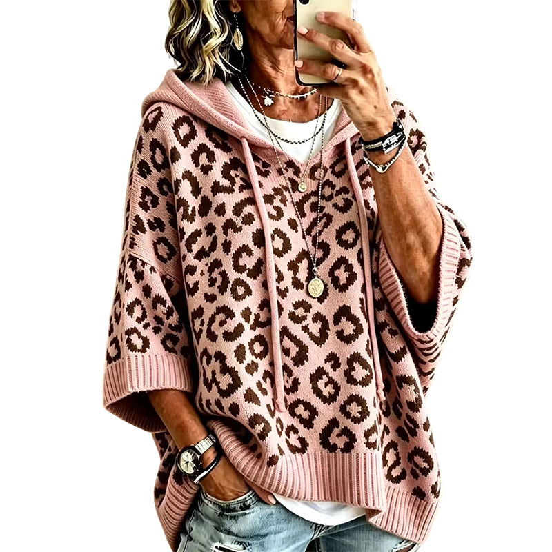Strikket hettegenser for kvinner med leopardmønster