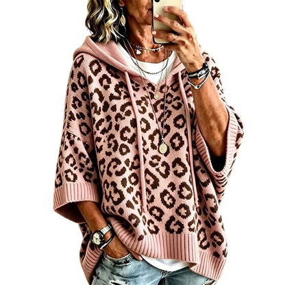 Strikket hettegenser for kvinner med leopardmønster