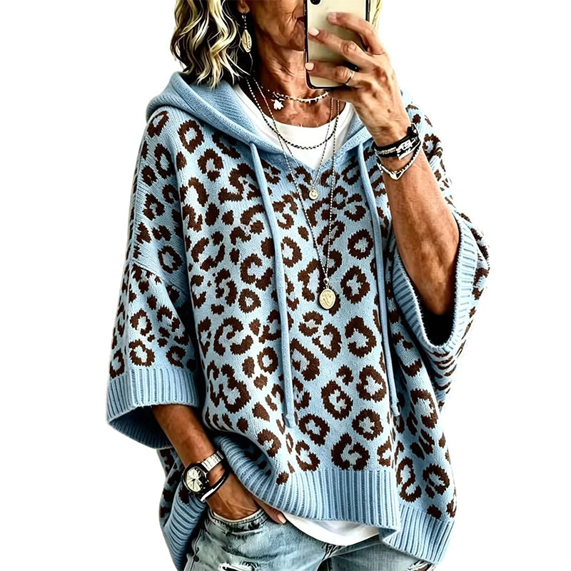 Strikket hettegenser for kvinner med leopardmønster