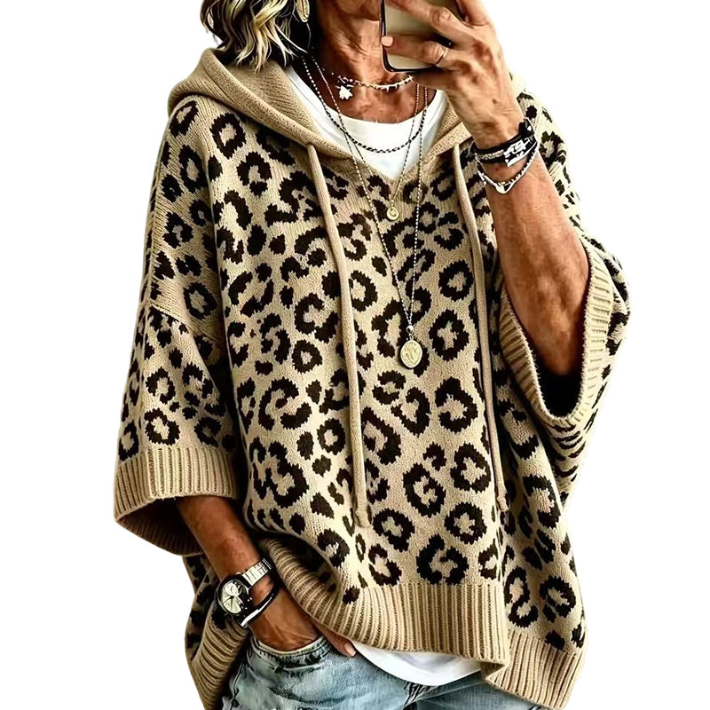 Strikket hettegenser for kvinner med leopardmønster