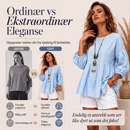 Sommerbluse for kvinner med lantermerer og lagdelt volang