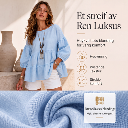 Sommerbluse for kvinner med lantermerer og lagdelt volang