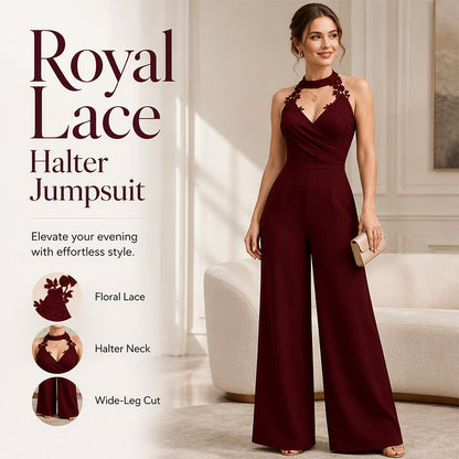 Elegant jumpsuit for kvinner med halterneck, blonder og plissert, vid ben