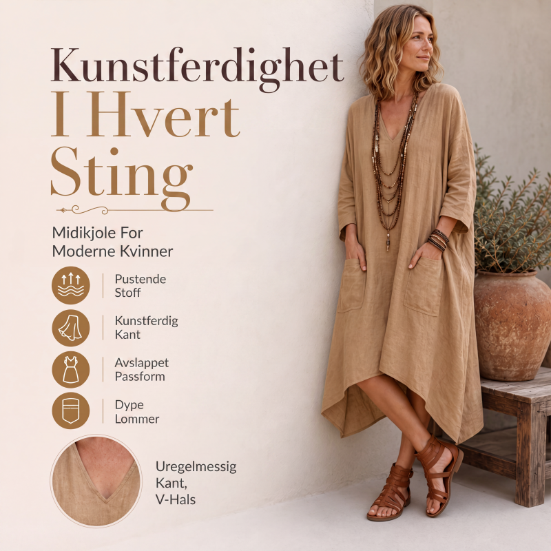 Løstsittende asymmetrisk kjole med V-hals for kvinner
