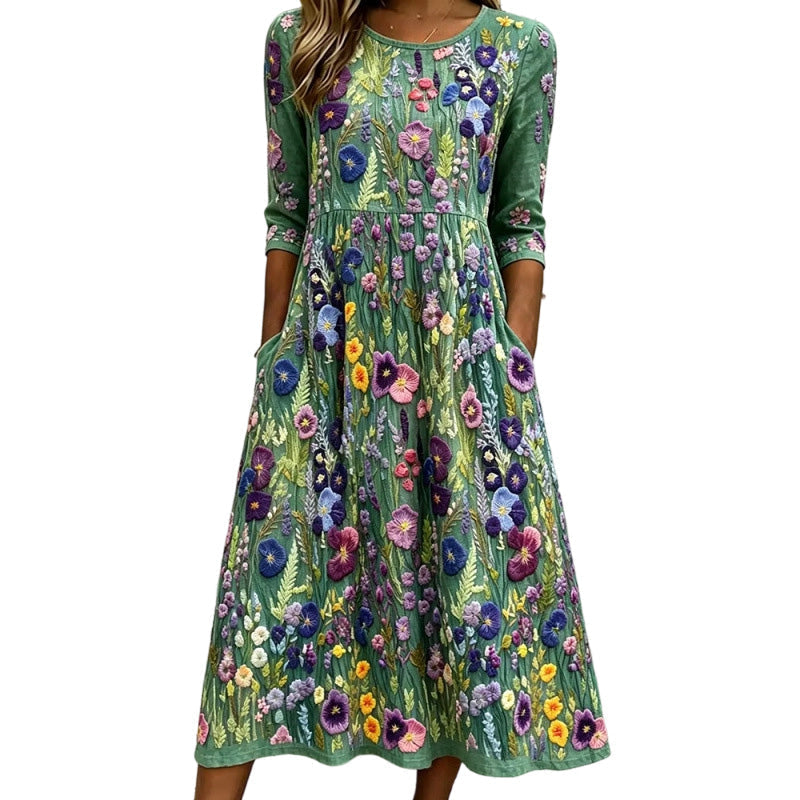 ✨🌺Midikjole for damer med blomstermønster, 3/4-ermer og lommer