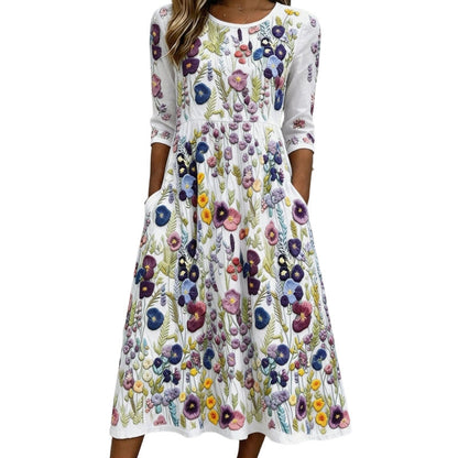 ✨🌺Midikjole for damer med blomstermønster, 3/4-ermer og lommer
