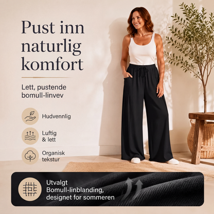 Bomull og linbukser med vide ben for kvinner