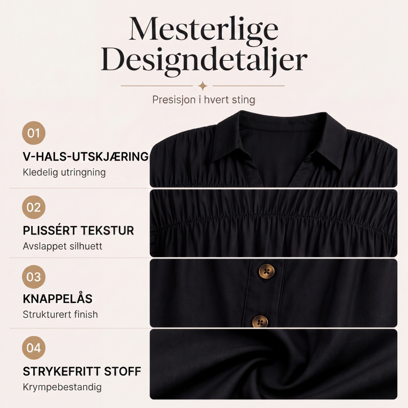 Elegant kortermet skjorte med V-hals og folder for kvinner