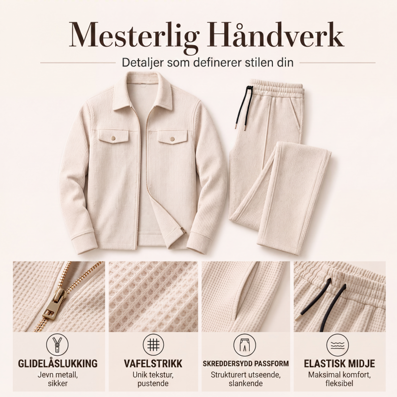 2-delt sett med teksturert jakke og bukser for menn