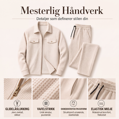 2-delt sett med teksturert jakke og bukser for menn