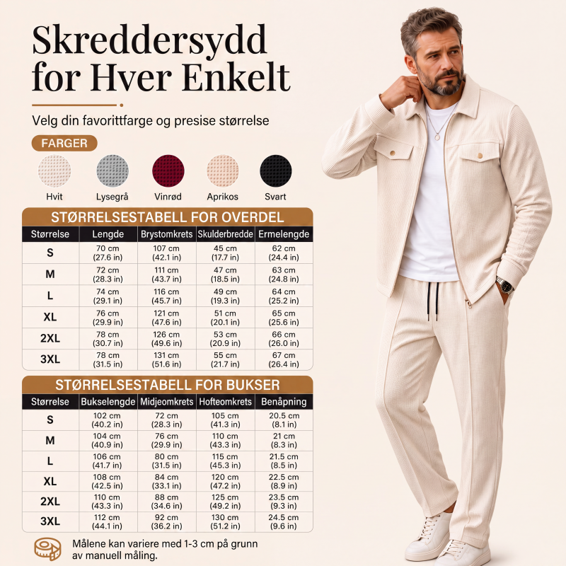 2-delt sett med teksturert jakke og bukser for menn