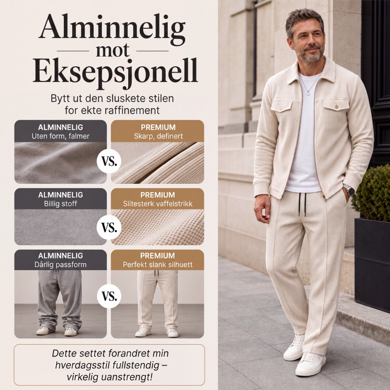 2-delt sett med teksturert jakke og bukser for menn