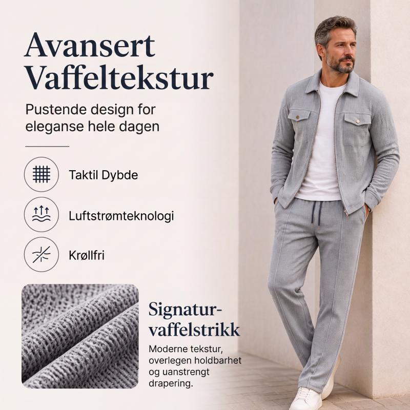 2-delt sett med teksturert jakke og bukser for menn