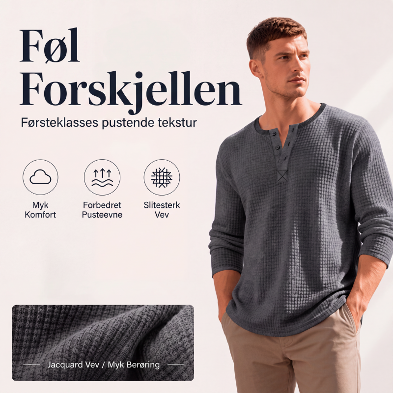 Herre waffelstrikket langermet Henley-skjorte