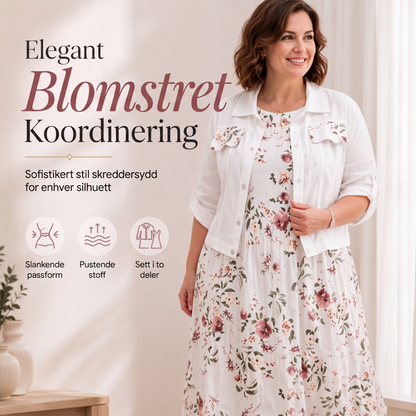 Sett med blomstret maxikjole og kort jakke for kvinner