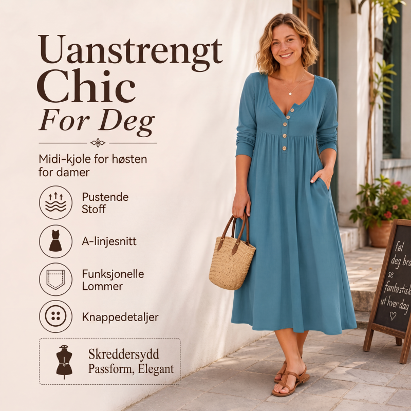 Kjole med V-hals, knapper og folder for kvinner