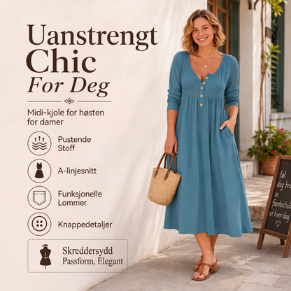 Kjole med V-hals, knapper og folder for kvinner