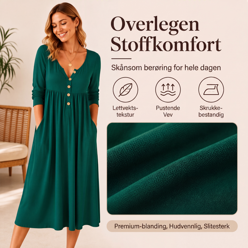 Kjole med V-hals, knapper og folder for kvinner