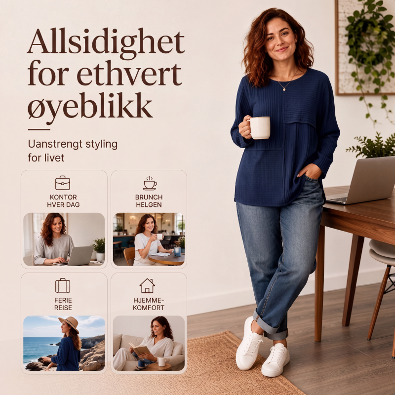 Damegenser med rund hals, teksturert lappeteppe-topp