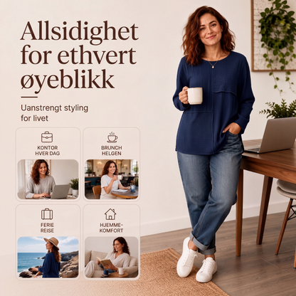 Damegenser med rund hals, teksturert lappeteppe-topp