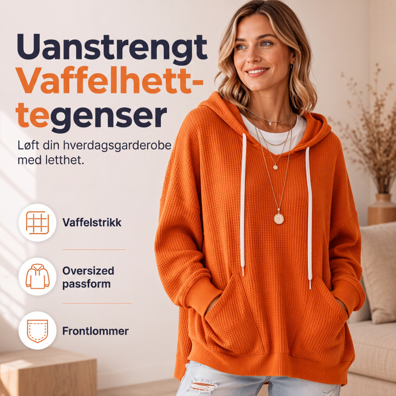 Dame vaffelstrikket løs hettegenser med lommer