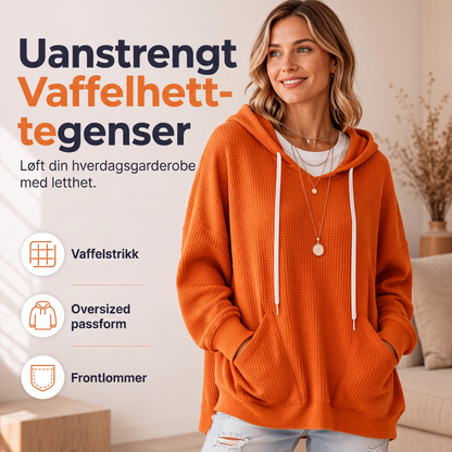 Dame vaffelstrikket løs hettegenser med lommer