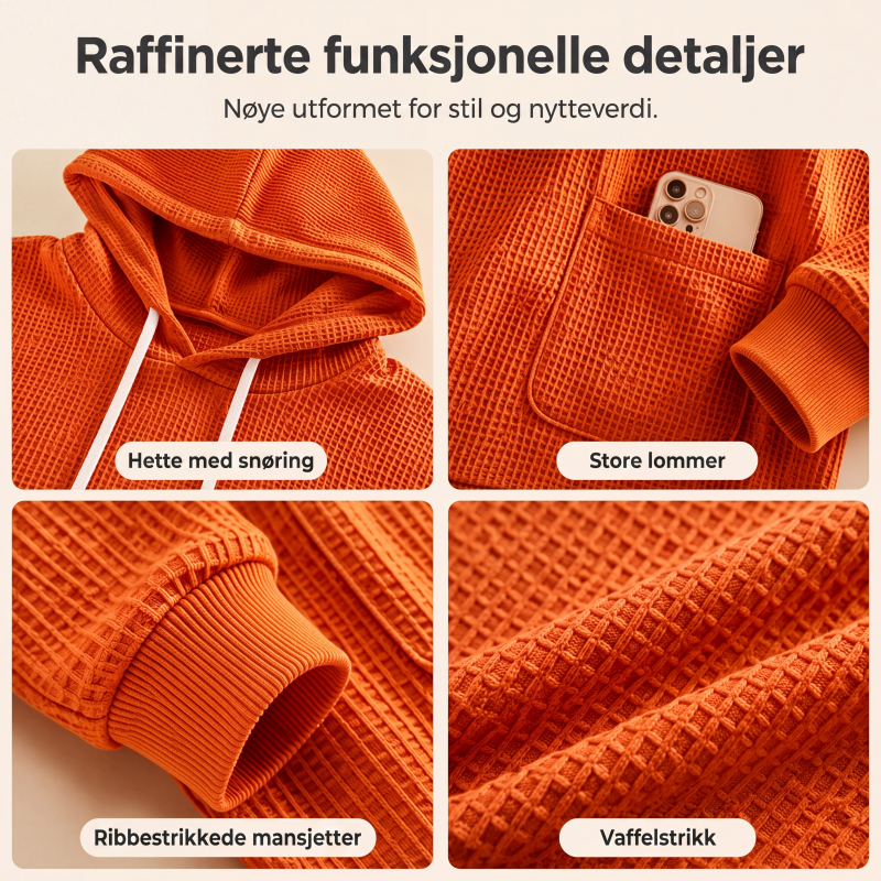 Dame vaffelstrikket løs hettegenser med lommer