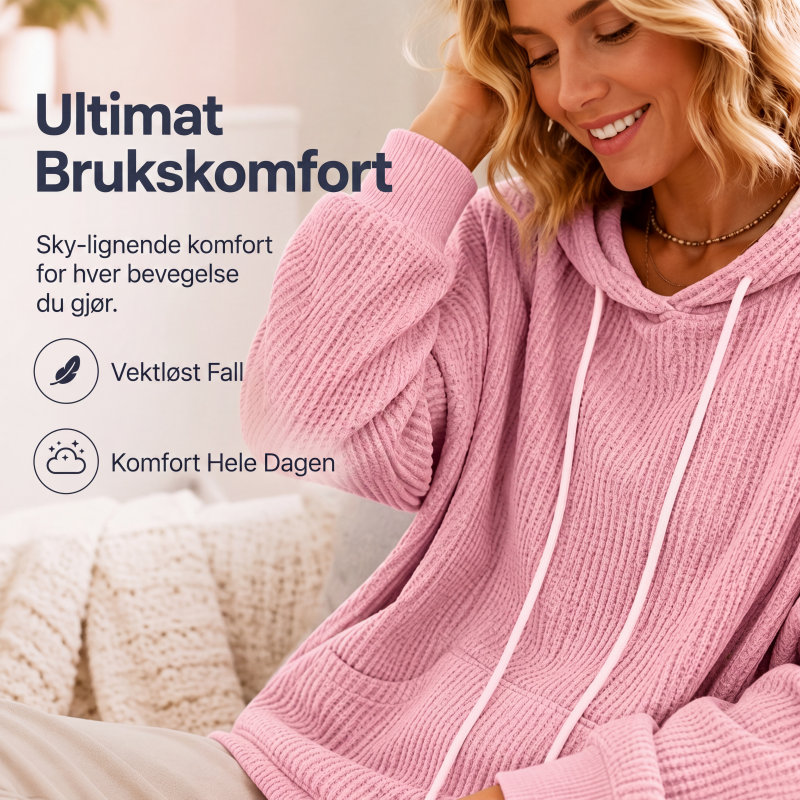 Dame vaffelstrikket løs hettegenser med lommer