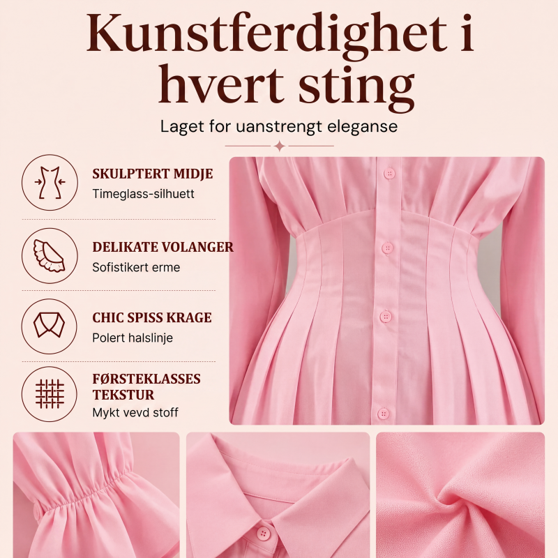 Langermet skjortekjole for kvinner med plissert midje