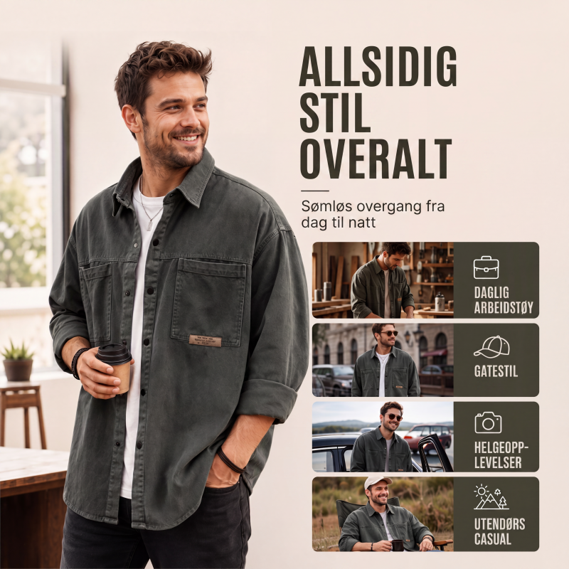 Langermet, løstsittende arbeidsskjorte for menn