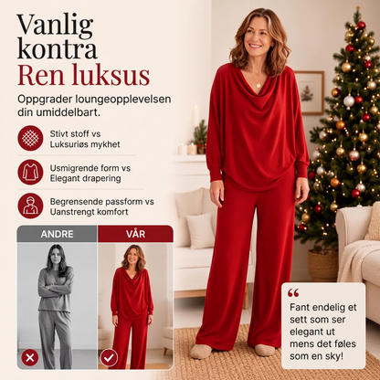 Dame sett med kragehals-topp og vide bukser