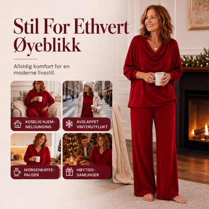 Dame sett med kragehals-topp og vide bukser