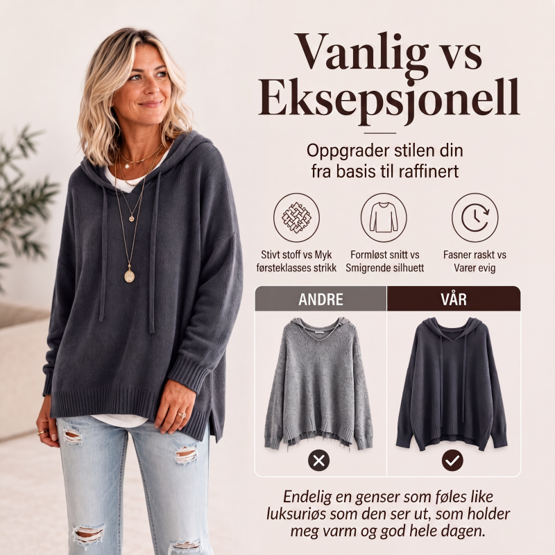 Kvinner uformell strikket genser med hette
