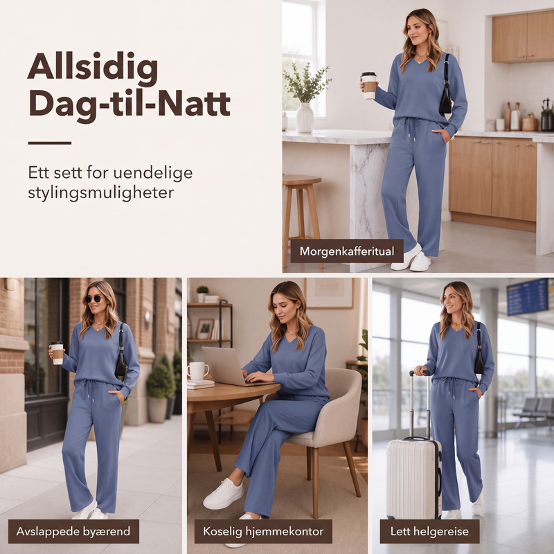 Avslappet 2-delt sett for kvinner med topp og bukser, egnet for hjemmebruk