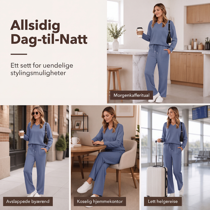 Avslappet 2-delt sett for kvinner med topp og bukser, egnet for hjemmebruk