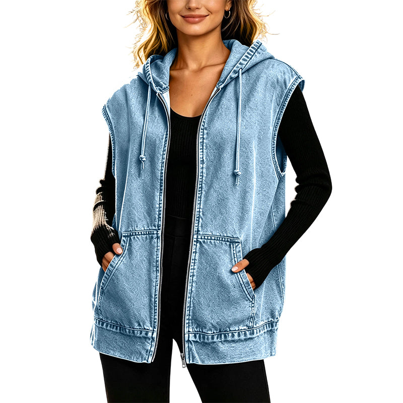 Casual denimvest med hette for damer