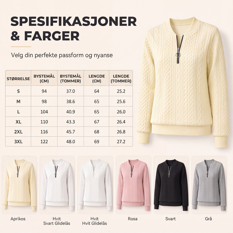 Damegenser med halvt glidelås og kabelstrikk