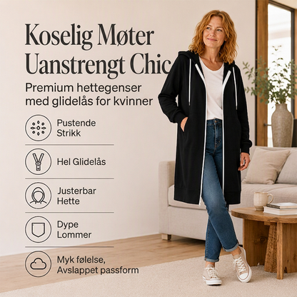 Lang jakke med glidelås og hette for kvinner