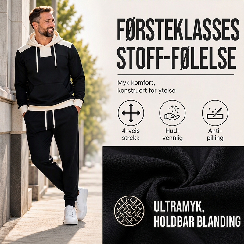 Sett med fargeblokk-genser og bukser for menn