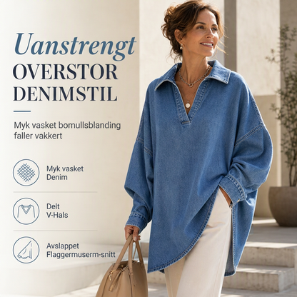 Dame uformell løs denim V-hals genser med flaggermusermer og asymmetrisk kant