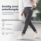 Damebukser med folder, smal ankel, belte med metallisk dobbeltringdetalj og halv-elastisk midjebånd